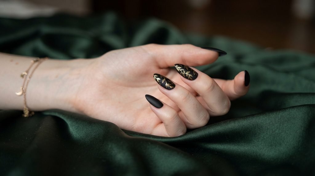 An 18-year-old female hand with very white skin displaying matte black nails with gold floral details on dark green satin.