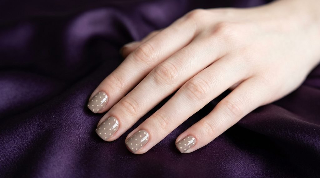 Short squoval nails with tiny cream deer spots on taupe base over dark violet satin.