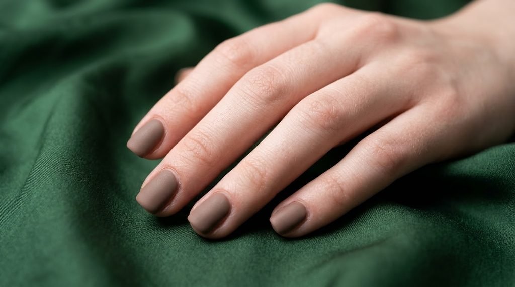 Cashmere nails in spiced taupe matte on short square nails against forest green backdrop.