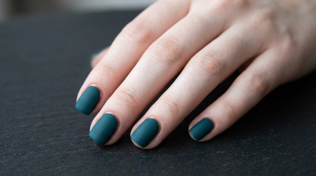 Short matte teal square nails with thin copper cuticle lines on an 18-year-old female hand with very white skin against dark slate.
