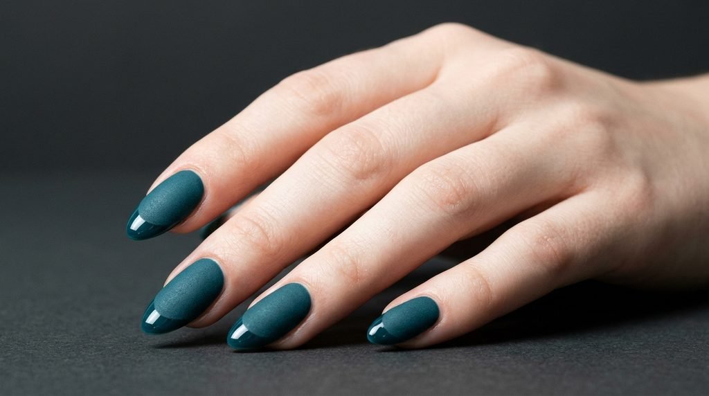 Macro close-up of an 18-year-old female finger with very white skin showing half matte half glossy teal polish against a dark grey background.