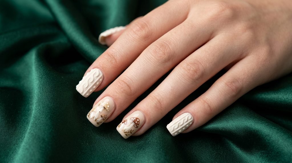 Matte cable knit sweater nails mixed with glossy mushroom accent nails on an eighteen year old hand with white skin.