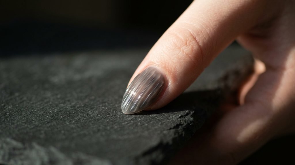 Macro view of a smoky gray ribbed glass almond nail on an 18-year-old female hand with very white skin on charcoal stone.