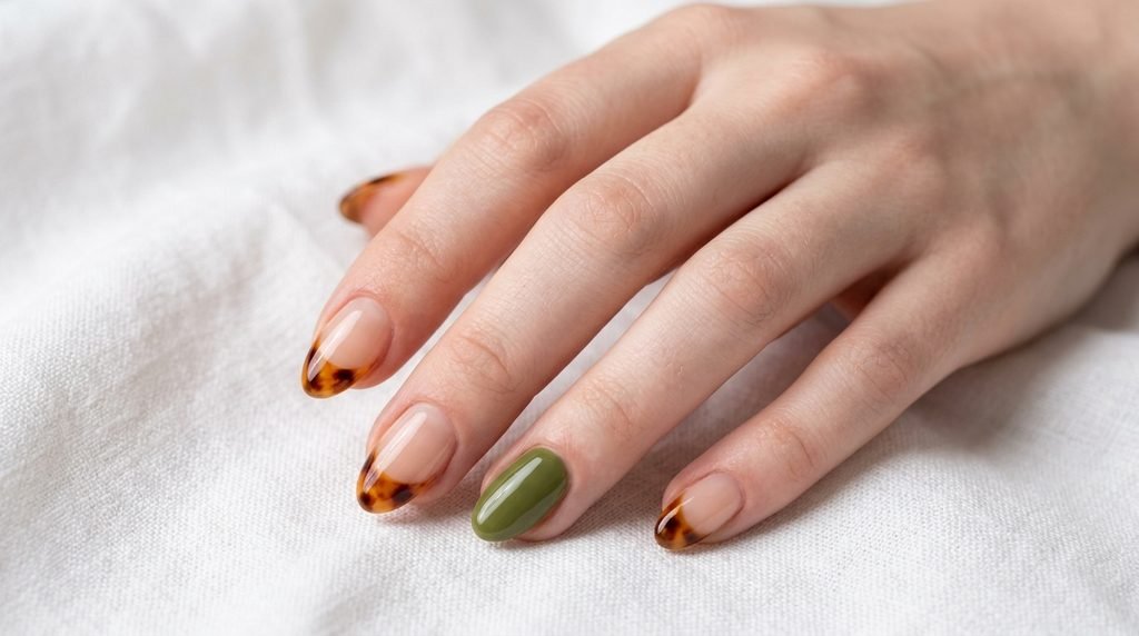 Burnt orange oval nails on a female hand with very white skin resting on a dark wood background.