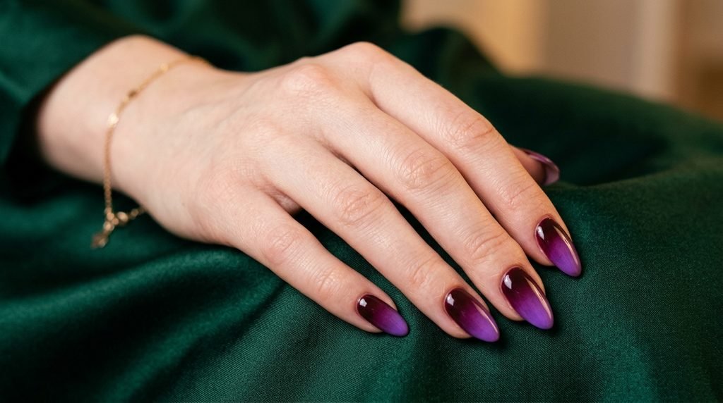 Elegant almond nails with violet and burgundy aura art against emerald green silk.
