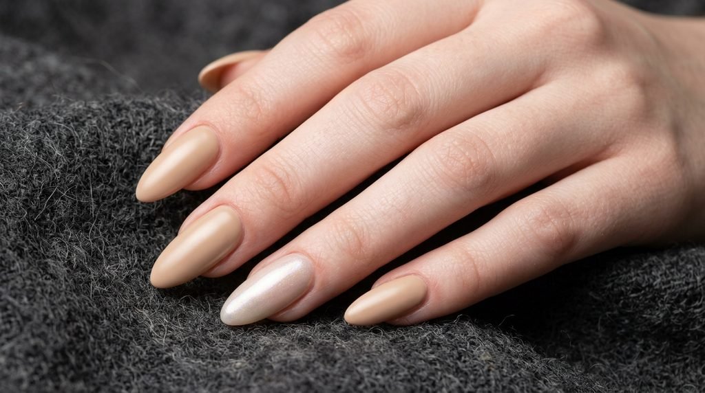 Cashmere nails in creamy macadamia with chrome accent on long almond nails over dark charcoal background.