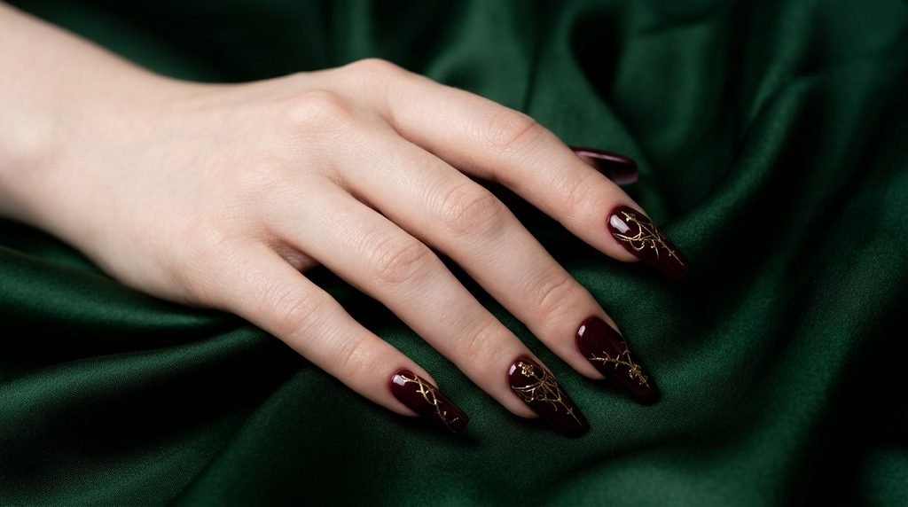 Coffin nails in deep wine merlot with gold lines on very white skin over green satin.