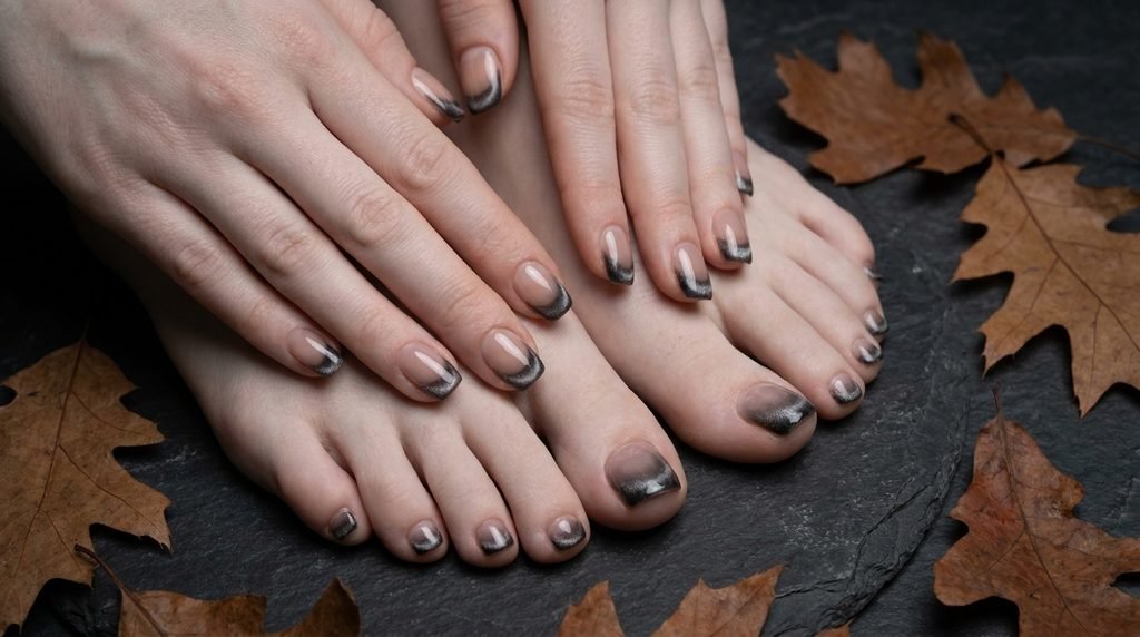 Clean white feet with a smoky magnetic French pedicure against dark slate stone and autumn leaves.