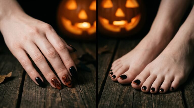 A close-up photograph of an 18-year-old female hand with very white skin showcasing dark burnt orange and black almond nails alongside a matching black pedicure.
