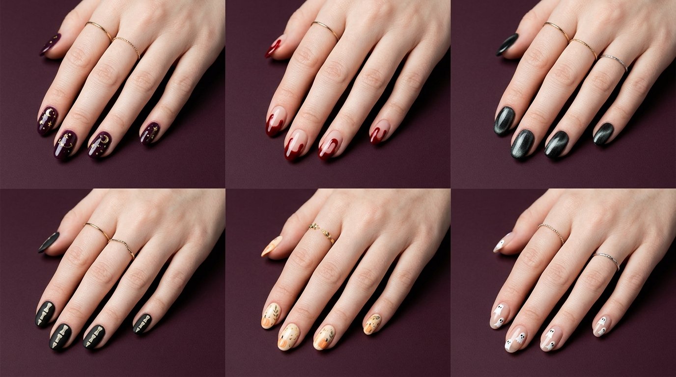 Six hands with smooth white skin demonstrating various simple Halloween nail art designs over a dark plum backdrop.