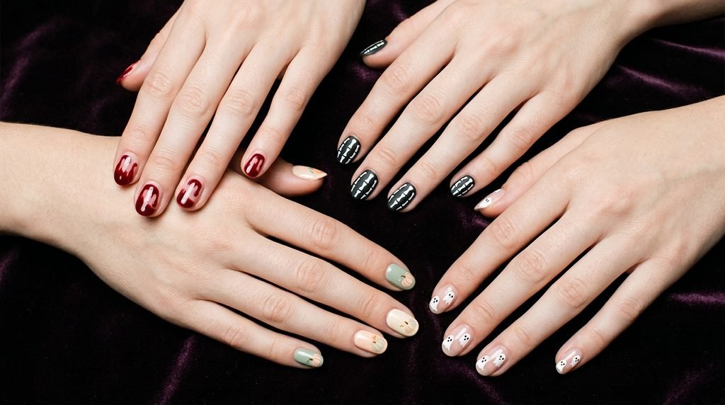 Short square matte black nails with small green cat eye details on an 18-year-old hand with white skin.