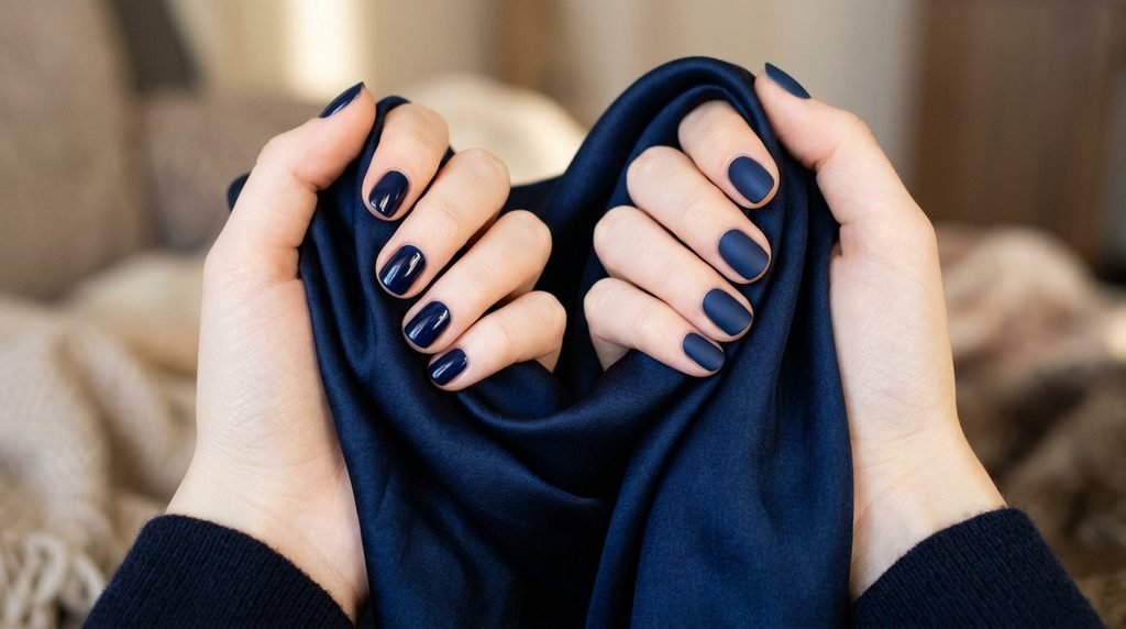 A close-up of two hands belonging to an 18-year-old female with very white skin. One hand shows glossy navy short nails, the other matte navy, both holding deep blue silk.