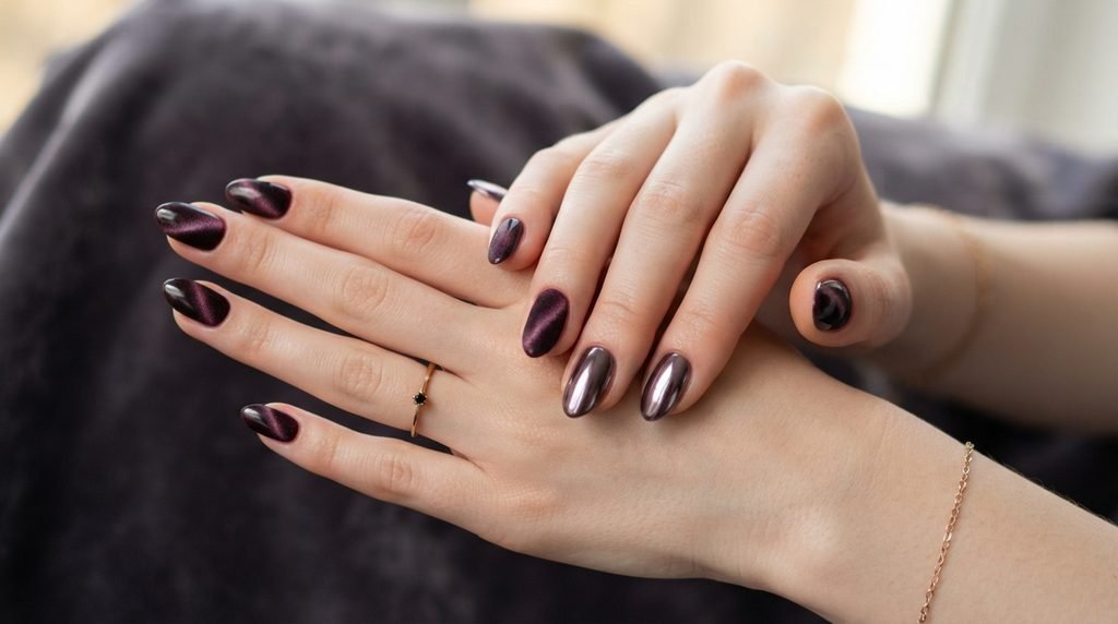 Tight close-up of two nails on a very white female hand, 18, showing a deep plum velvet next to a luminous smoky amethyst chrome.