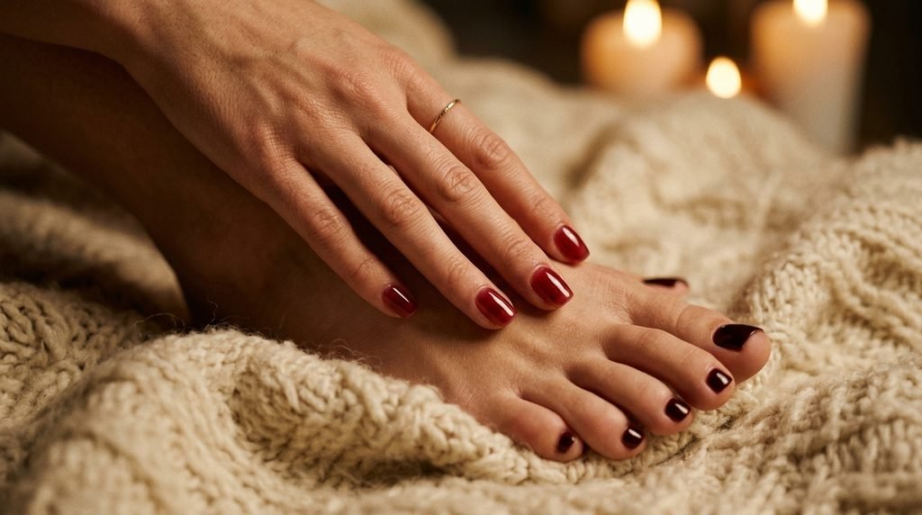 Female hand with cranberry glass nails resting over foot with oxblood toenails on cream wool blanket.
