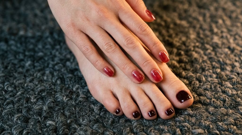 Photo of female hand resting over foot with dark red toe nails on soft white skin against grey wool carpet.