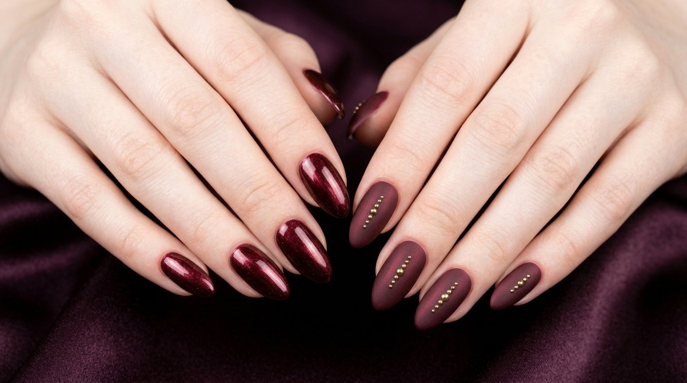 Glossy velvet merlot nail next to a matte merlot nail on very white skin over plum satin.