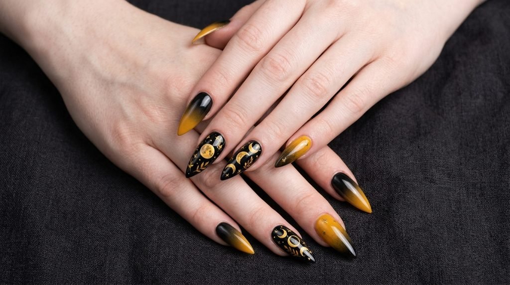 Both hands showing a full set of stiletto raven nail art, 18-year-old female with white skin.
