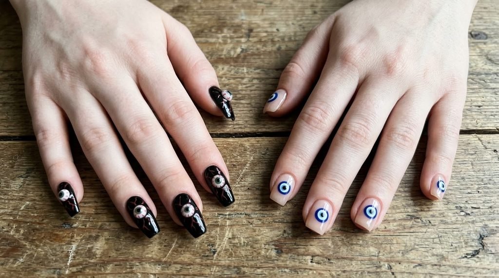 A comparative close-up shot of two women's pale hands: one with long coffin nails and creepy 3D eyeballs, the other with shorter square nails featuring classic painted blue evil eye symbols on nude polish.