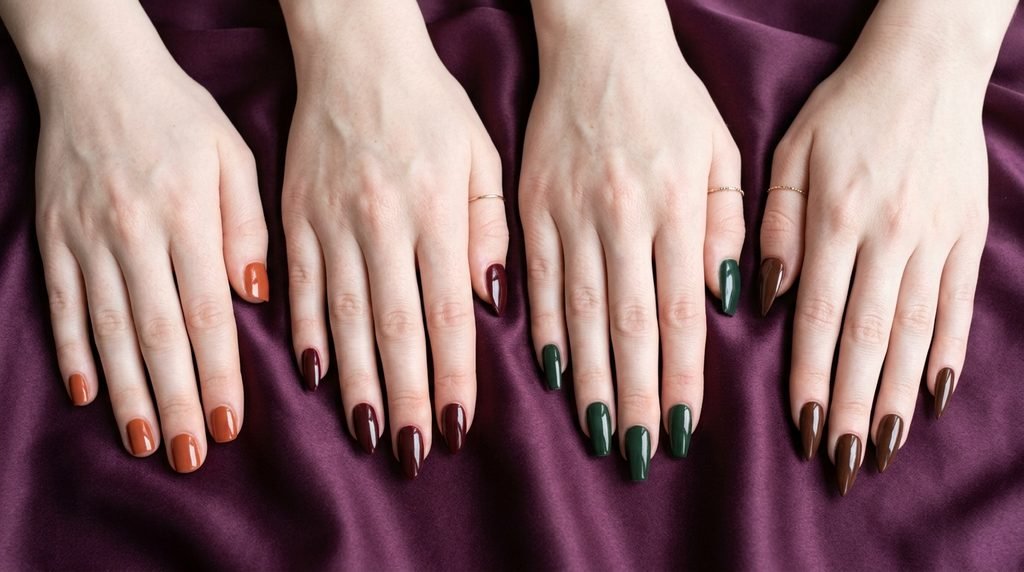 Four nail shapes showcased on hands with very white skin tone over plum silk background.