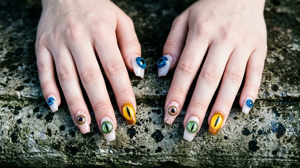 A medium close-up of a woman's pale hand with stiletto nails adorned with various 3D eyeball charms, set against blurred orange lights and spider webs.