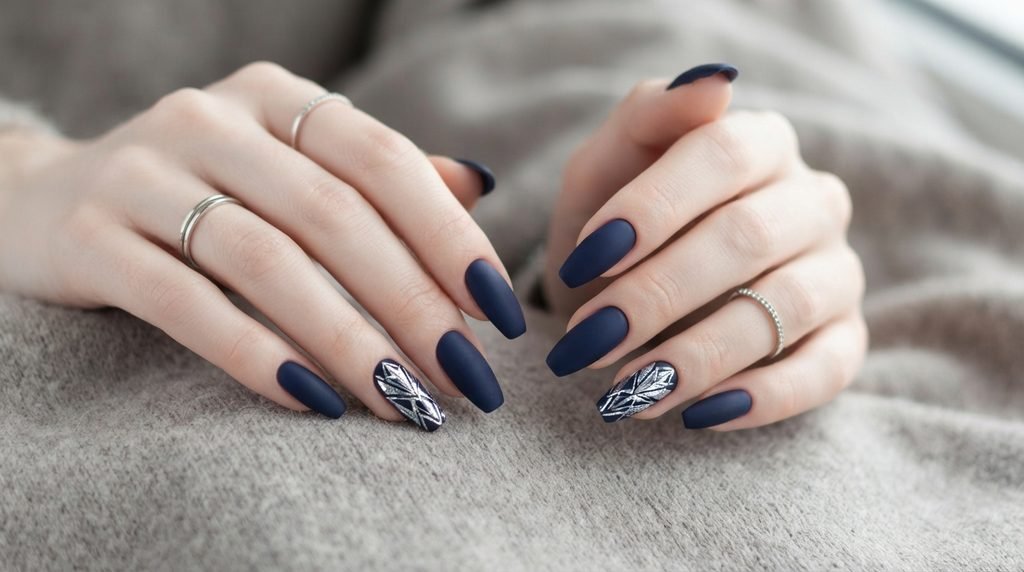 A vertical close-up of two hands with long coffin nails belonging to an 18-year-old female with very white skin. The matte navy nails contrast sharply with the glossy silver crystalline accent nail.
