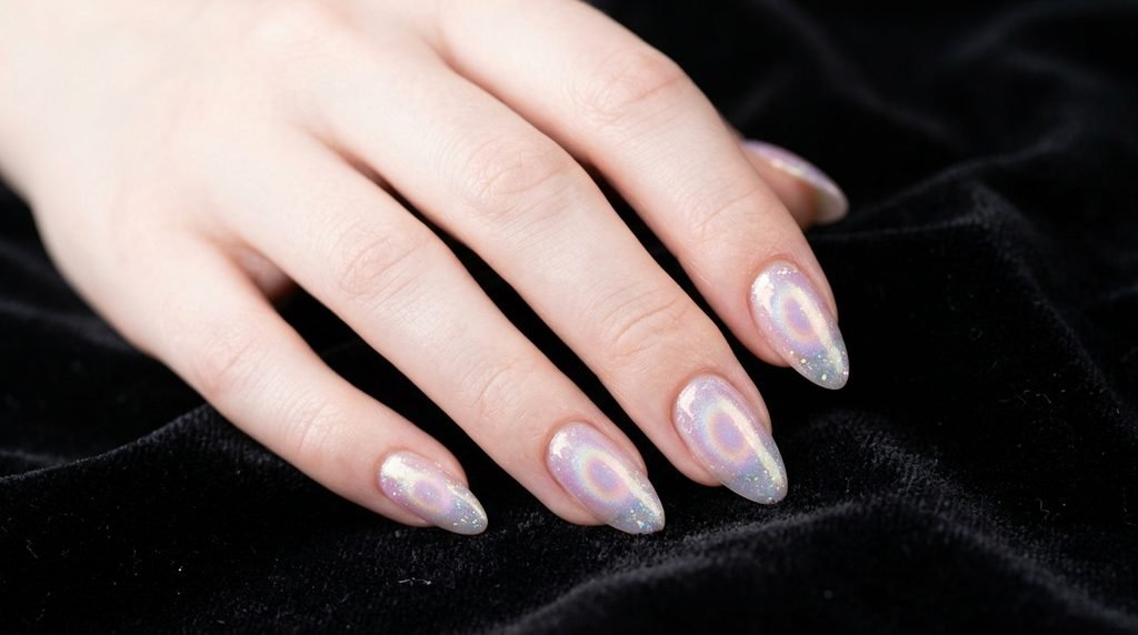 Opal aura holographic sheer nails on an 18-year-old female hand with very white skin over black velvet.