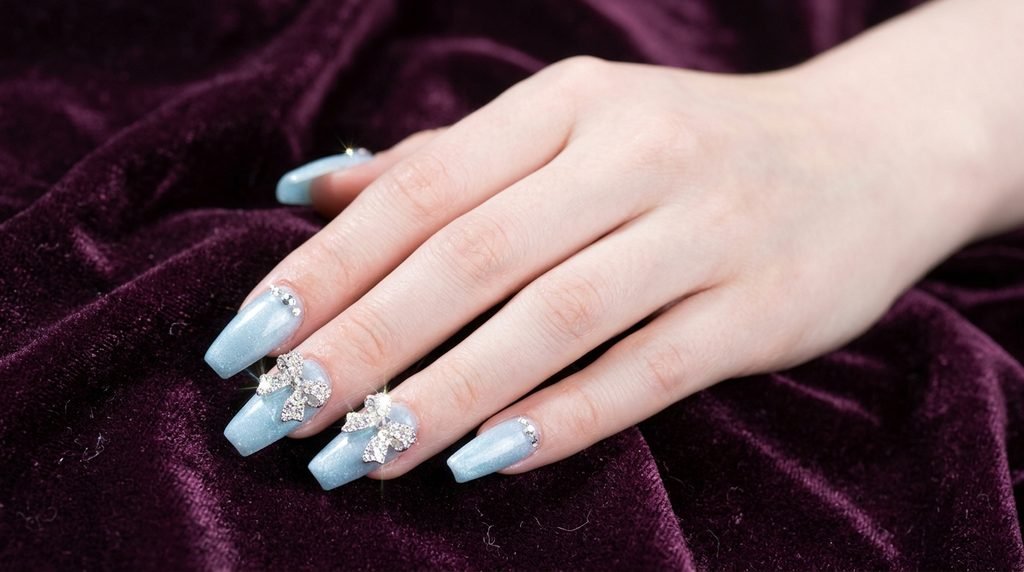 Ice blue ribbon nails with Swarovski crystal accents.