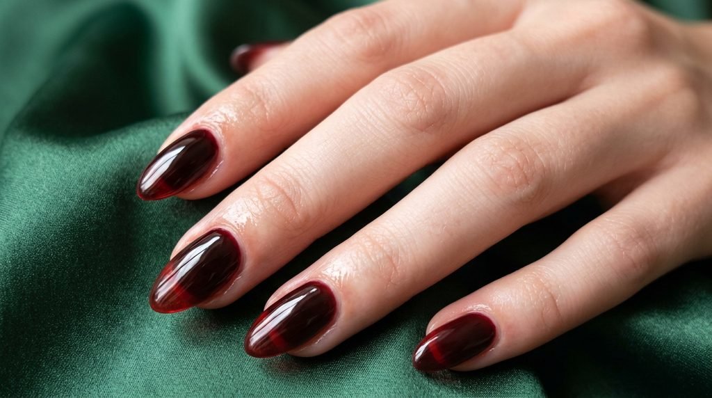 Translucent black cherry jelly nails displayed against a rich forest green satin backdrop.