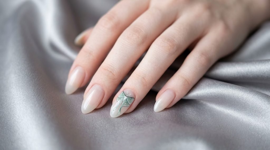 A flawless almond manicure on very white skin featuring a central, delicate seafoam green and grey Luna moth painting on the ring finger. Set against frosted silver satin.