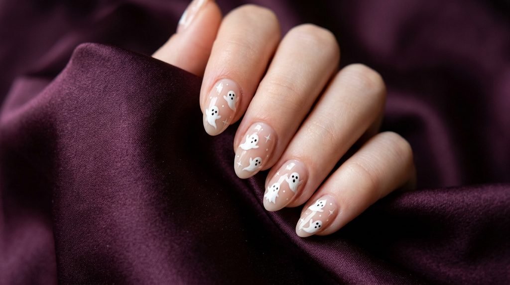 Short almond nails with ghost face art posed over dark aubergine silk background.
