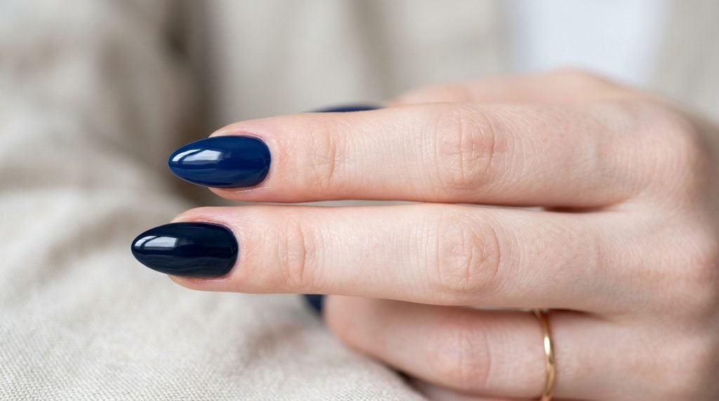 A macro horizontal close-up of two almond nails on an 18-year-old female with very white skin, showing the difference between saturated true navy blue and colder inky midnight navy polish.