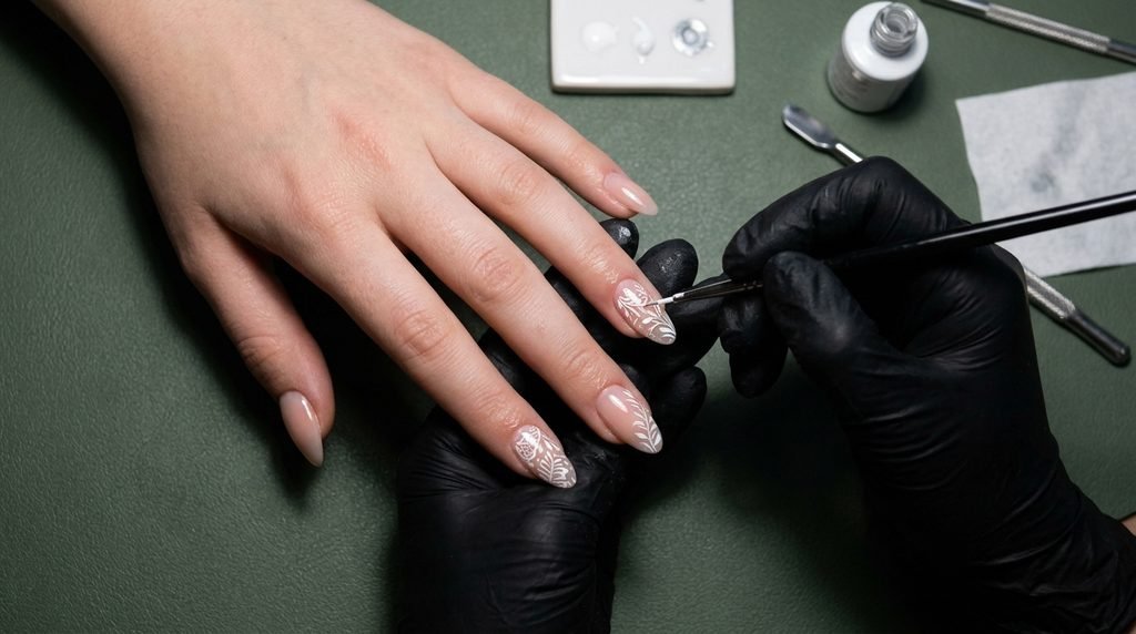 Hand-painting fine tree branch silhouettes onto a yellow-green nail gradient.
