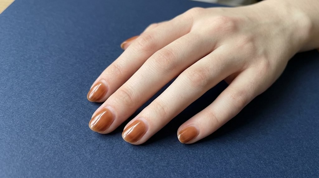Three-week-old maple syrup manicure on fair skin demonstrating clean grow-out over navy background.