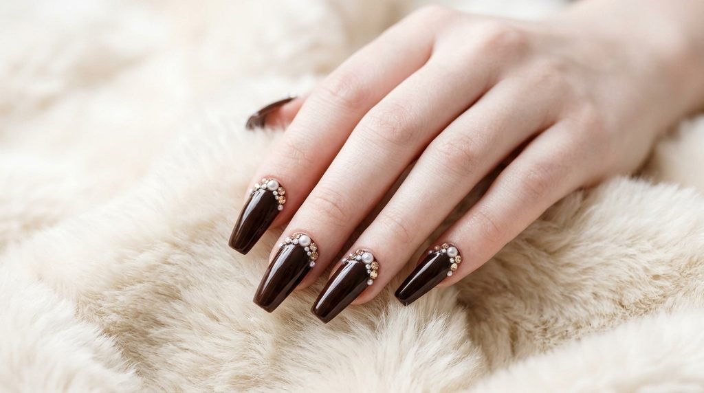 Dark chocolate long coffin nails decorated with micro pearls near the cuticles on a fair-skinned female hand over cream fur.