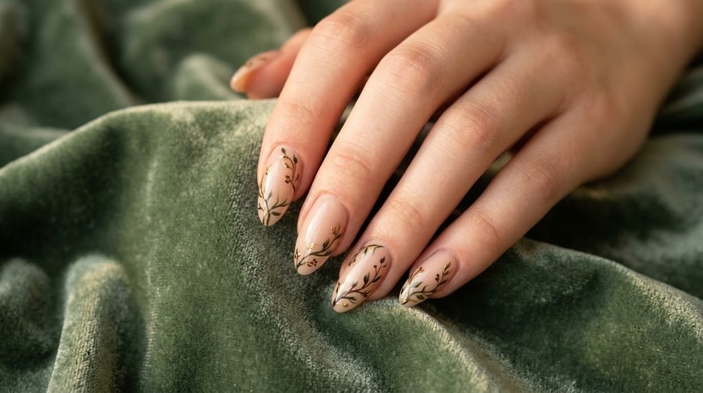 Long coffin nails painted with elaborate dark green forest silhouettes and yellow skies.