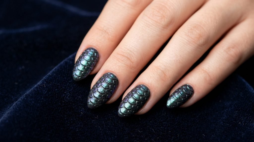 Iridescent chrome overlay on snake scale nails on a pale hand against navy velvet.