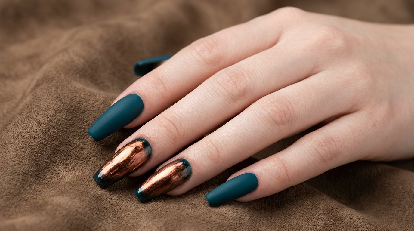 Close-up of an 18-year-old female hand with very white skin displaying deep matte teal coffin nails with molten copper accents against a warm sand background.
