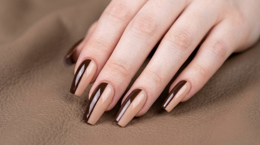 Long coffin nails vertically split in half with glossy dark chocolate and nude polish on a young female hand with fair skin on beige leather.