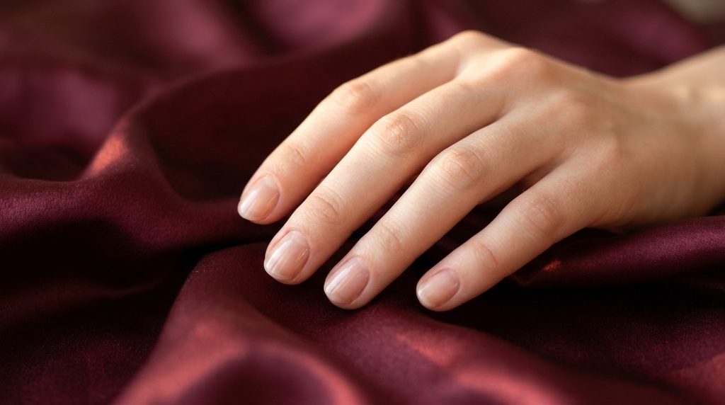 Short natural nails on an 18-year-old female hand rested flat against rich burgundy silk.