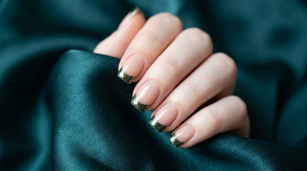 Short square nails with micro snake scale art on pale female hand against teal silk.