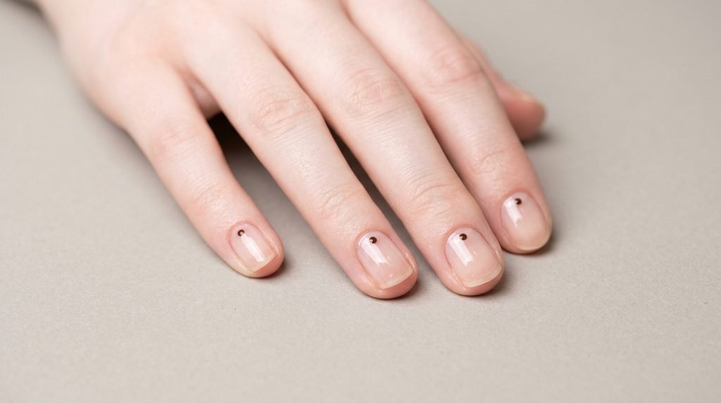 Short round clear glossy nails with tiny dark brown dots near the cuticles on a fair-skinned young female hand over light gray.