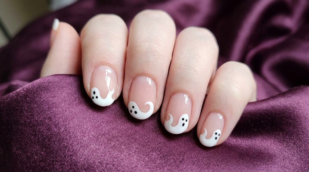 Minimalist french tip ghost nails on white skin over deep plum purple satin.