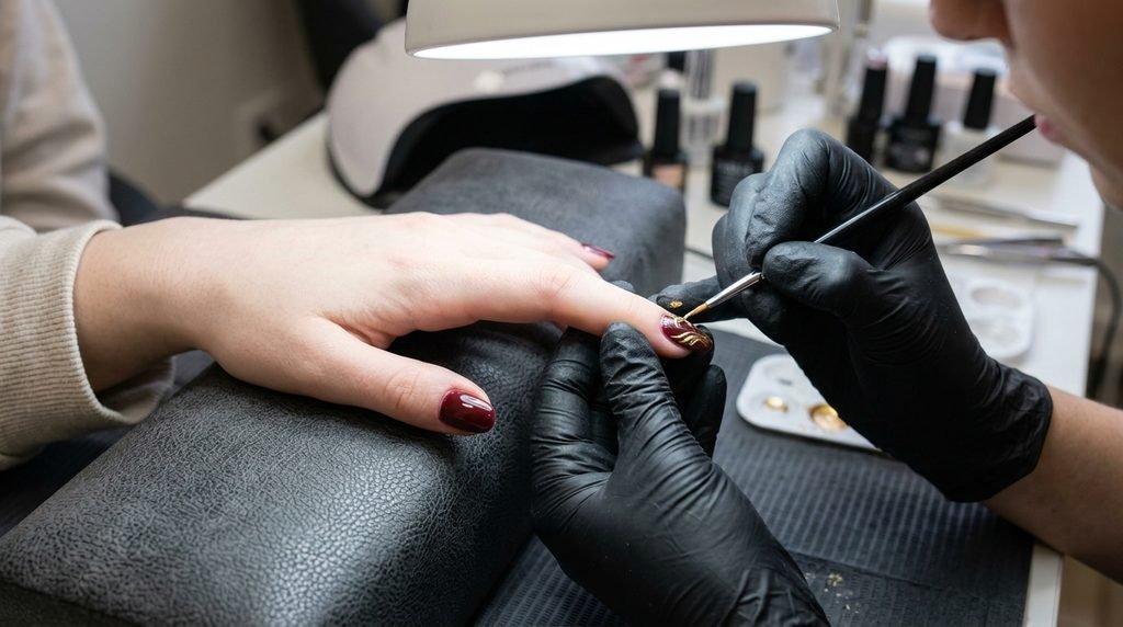 Nail tech applying 3D gold chrome to merlot nails on an 18-year-old hand with very white skin.