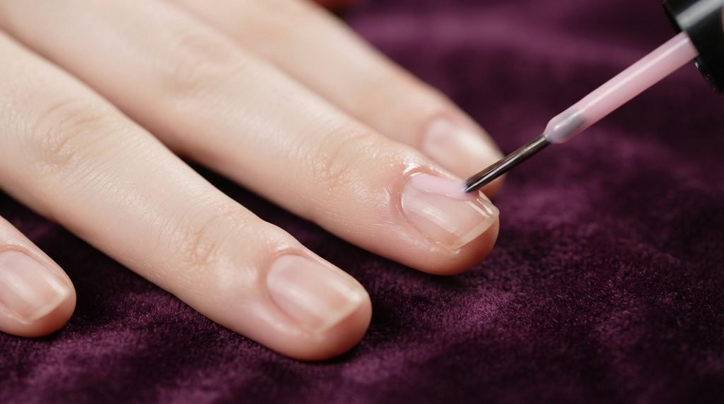 A close-up shot shows a manicurist applying liquid latex barrier around cuticles on an eighteen-year-old female hand against deep plum velvet.
