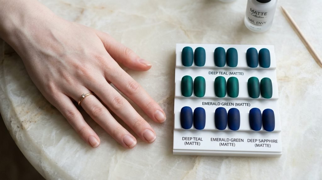 Swatch set of dark jewel-toned nail tips next to an 18-year-old female hand with fair white skin.