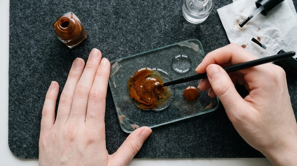 Fair hand holding a nail art brush mixing brown jelly polish on a clear glass plate.