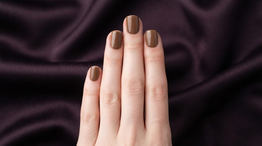 Close-up photograph of warm mocha brown short square nails on a young woman's hand against midnight-plum satin.