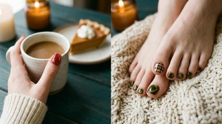 Warm lifestyle photo showing a woman's hands with glossy cranberry jelly nails holding a mug beside matching olive velvet toenails on smooth white skin.