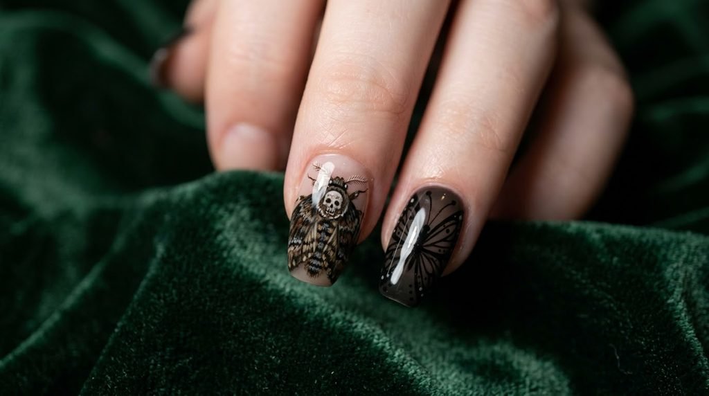A close-up view of two coffin nails. The middle nail features a highly detailed, realistic painting of a Death's-Head Moth with a small white skull on its thorax. The ring nail shows simpler, symmetrical wing lines, all against a dark forest green background.