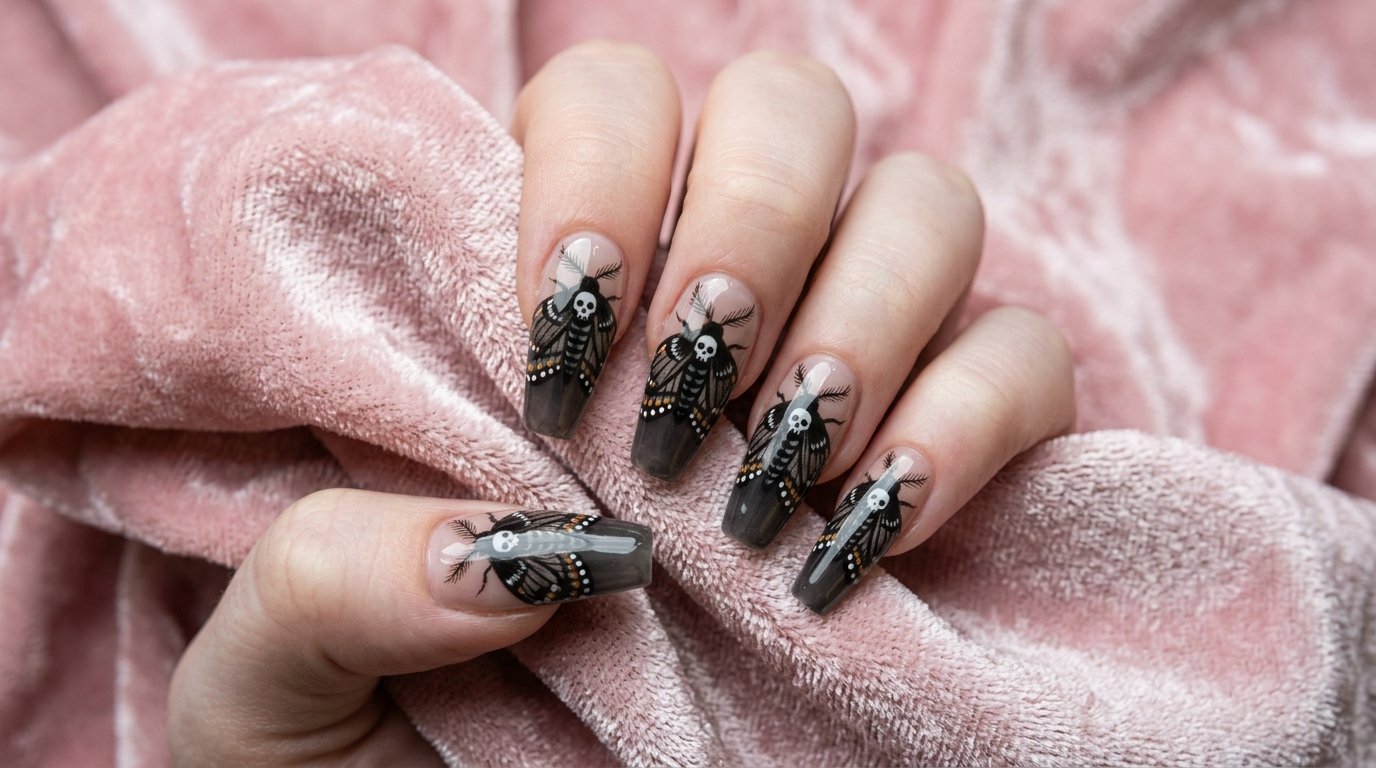 A close-up of a coffin nail on very white skin featuring a completed, highly detailed black moth with a skull motif on a pewter velvet background.